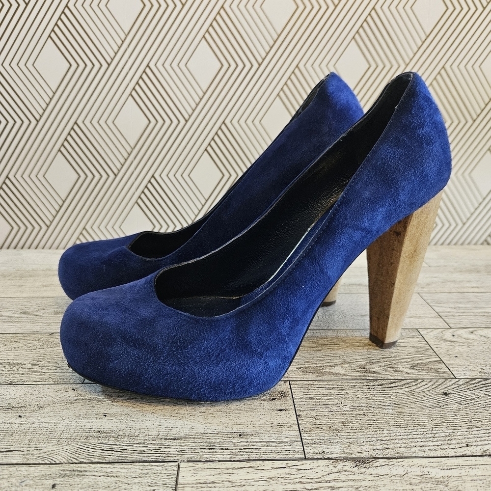 LOEFFLER RANDALL Suede High Wooden Heels Blue Size 6.5B - Picture 4 of 9